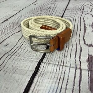 Beltology Braided Stretch Belt Tan Leather Trim Cream Woven Mens Size 32